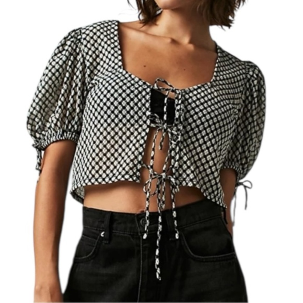 Free People Sweet Sun Tie Front Blouse blue and white gingham print Size XL